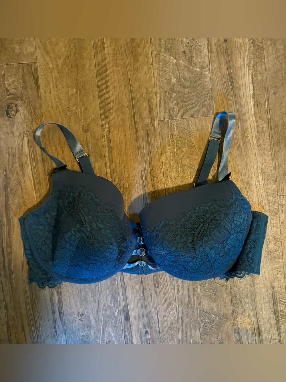 Cacique Lace-Overlay Plunge Bra in Teal Blue 42DD